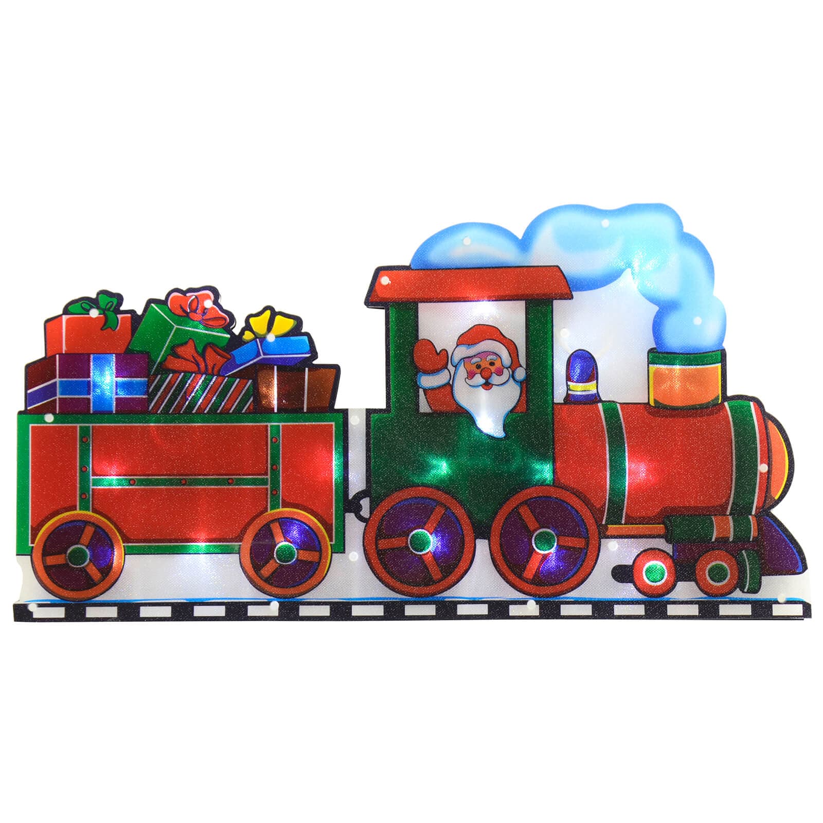 Santa waving from a train with a truck full of Christmas gifts, light up window silhouette LED decoration